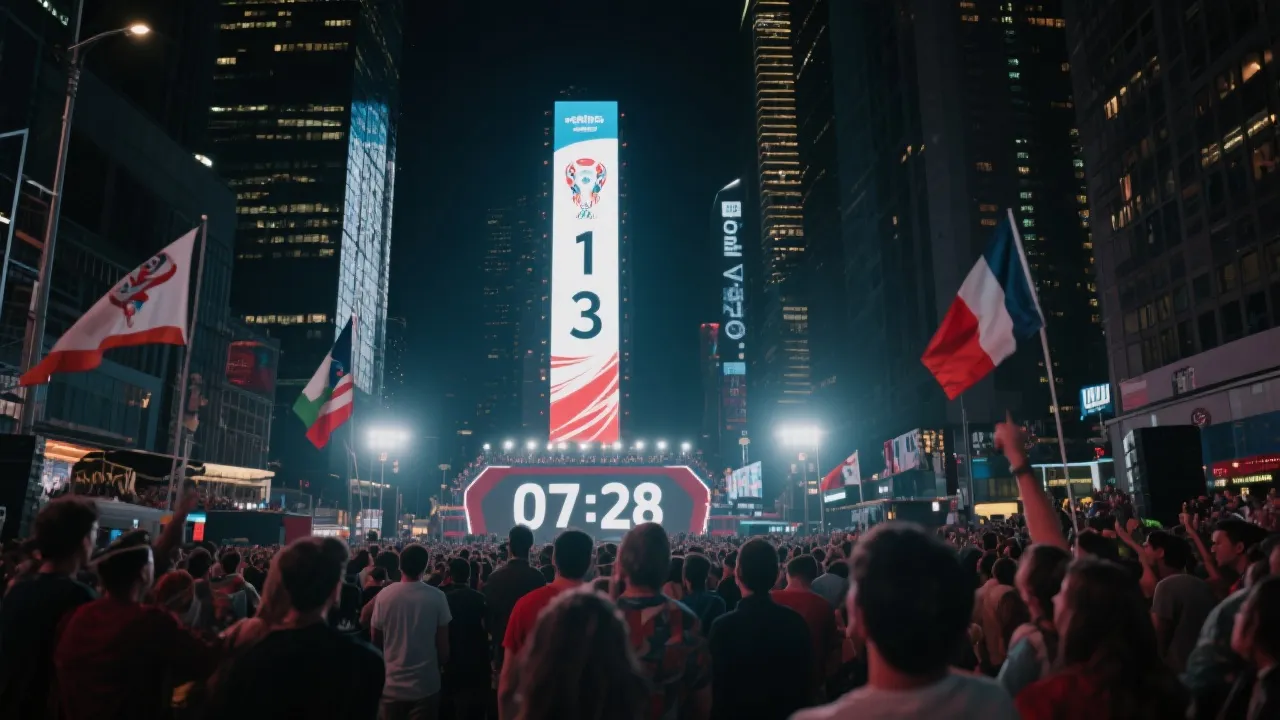 城市广场设置倒计时屏幕与人群观赛派对的夜景